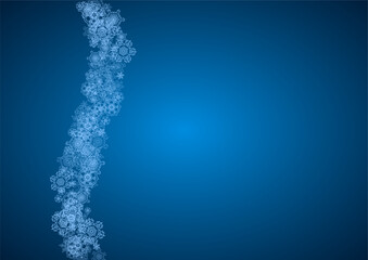 New Year snowflakes on blue background with sparkles. Horizontal Christmas and New Year snowflakes  falling. For season sales, special offer, banners, cards, party invites, flyer. White frosty snow