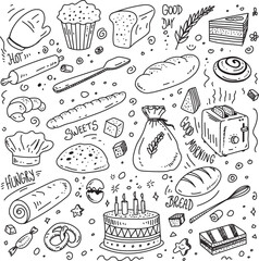 Set of bakery and dessert doodles, hand drawn vector Illustration 