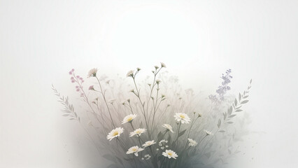 abstract blooming white flowers and white background with some gray leaves shapes in fog, abstract digital art illustration, generative AI