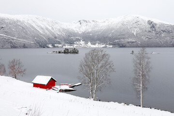 Cottage in Norway. Small Norwegian village. Traditional norwegian architecture.	
