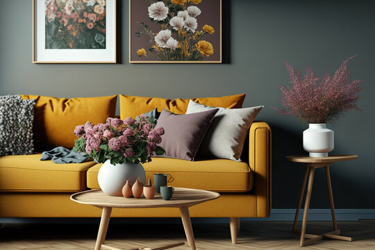 In a stylish living room with a brown corner sofa with pillows and an abstract picture on the wall, there are flowers in a vase on the wooden coffee table. Generative AI
