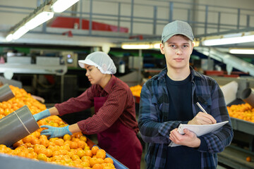 Portrait of interested young foreman holding papers and taking notes while controlling work on tangerines sorting line of fruit factory..