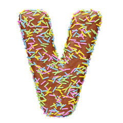 Chocolate letter V with sprinkles in realistic 3d render