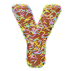 Chocolate letter Y with sprinkles in realistic 3d render