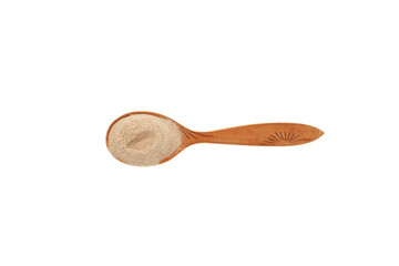 Psyllium flour in wooden spoon on white background. Crushed Psyllium seeds and husk contains healthy dietary fiber. Natural food supplement to aid weight loss