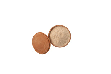 Psyllium flour in wooden bowl, top view. Crushed Psyllium seeds and husk may lower blood glucose levels in people with type 2 diabetes. Dietary Fiber Food Supplement