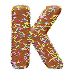Chocolate letter K with sprinkles in realistic 3d render