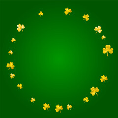 Fototapeta na wymiar Clover background for Saint Patricks Day. Lucky trefoil confetti. Glitter frame of shamrock leaves. Template for voucher, special business ad, banner. Dublin clover background.