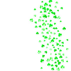 Clover background for Saint Patricks Day. Lucky trefoil confetti. Glitter frame of shamrock leaves. Template for poster, gift certificate, banner. Holiday clover background.