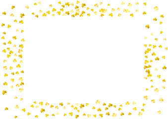 Clover background for Saint Patricks Day.  Lucky trefoil confetti. Glitter frame of shamrock leaves. Template for voucher, special business ad, banner. Greeting clover background.