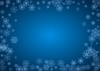 New Year snowflakes on blue background with sparkles. Horizontal Christmas and New Year snowflakes  falling. For season sales, special offer, banners, cards, party invites, flyer. White frosty snow