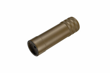 Brown silencer for weapons. Suppressor that is at the end of an assault rifle. Isolate on a white back.