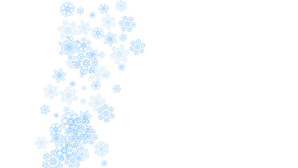 Winter frame with blue snowflakes for Christmas and New Year celebration. Horizontal winter frame on white background  for banners, gift coupons, vouchers, ads, party events. Falling frosty snow.