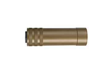 Brown silencer for weapons. Suppressor that is at the end of an assault rifle. Isolate on a white...