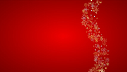 Christmas snow on red background. Glitter frame for winter banners, gift coupon, voucher, ads, party event. Santa Claus colors with golden Christmas snow. Horizontal falling snowflakes for holiday