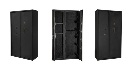 Double wing safe for weapons. A metal gun safe with two doors. Safe storage for weapons. Isolate on a white back - obrazy, fototapety, plakaty