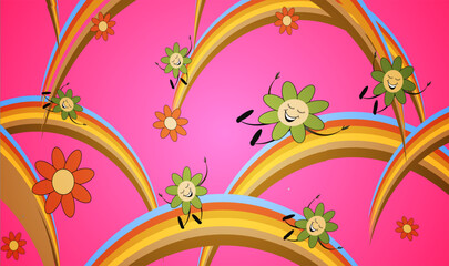 Obraz premium Seamless background with cheerful daisies among multicolored waves in the 70's style 