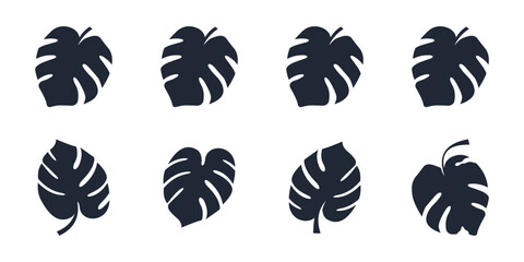 vector set of monstera leaves in black on white background