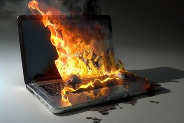 Laptop computer on fire (Generative AI)