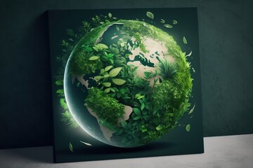 Green world globe with continents with green background as a digital illustration (Generative AI)