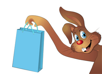 Osterhase hält fröhlich eine Einkaufstasche,
brauner Hase Portrait mit hängendem Ohr macht Werbung,
Vektor Illustration isoliert auf weißem Hintergrund
