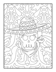 Coloring page for adults with skull in mexican sombrero