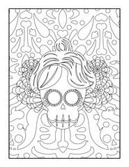 Vector coloring book for adults. Black and white illustration of a girl with a skull in the forest.