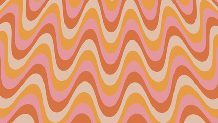 Groovy psychedelic wavy background in 70s style. Funky hippie backdrop for surface design. Abstract retro line art. Trendy vector illustration with colorful waves. Yellow, pink and orange pastel color