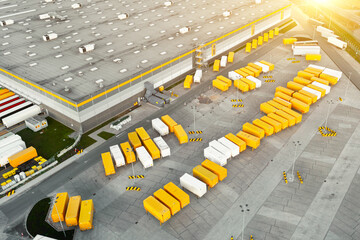 Aerial view of large warehouses of goods, a logistics center and many parked containers and trailers with cargo, logistics warehouses in the industrial areas of the city