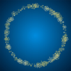 New Year snow on blue background. Gold glitter snowflakes. Christmas and New Year snow falling backdrop. For season sales, special offers, banners, cards, party invites, flyers. Frosty winter on blue.