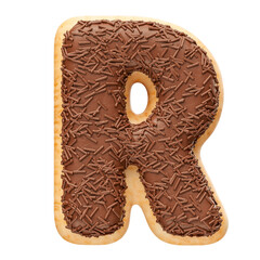Chocolate letter R with sprinkles in realistic 3d render