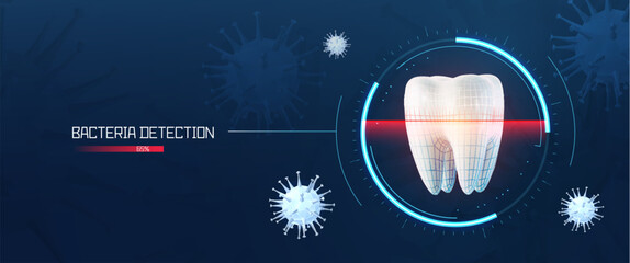 3d vector tooth scanning x-ray with wireframe with futuristic HUD design elements on dark background. Dental exam innovation science research web banner. - obrazy, fototapety, plakaty