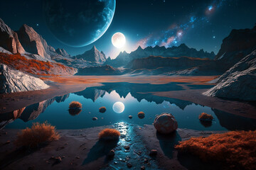 Beautiful space landscape, deep space, a big beautiful planet with puddle, beautiful colors. Generative ai illustration concept art