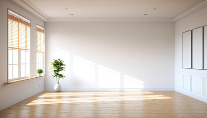 Fototapeta na wymiar contemporary empty light and bright modern room with a window and empty walls with wooden floor and indoor plant, generative ai