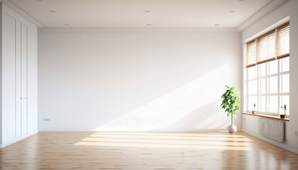 contemporary empty light and bright modern room with a window and empty walls with wooden floor and indoor plant, generative ai
