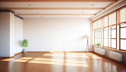 contemporary empty light and bright modern room with a window and empty walls with wooden floor and indoor plant, generative ai