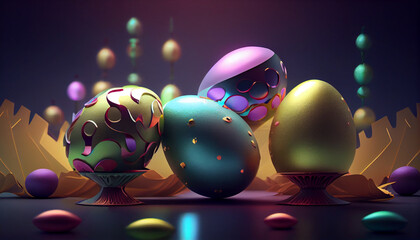 Festive happy Easter coloured egg composition, colorful metallic. Generative AI