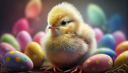 Easter chick and colorful decorated eggs composition. Generative AI illustration