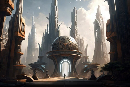 Sci-Fi metropolis, concept art piece that depicts a futuristic city, with advanced technology, sleek architecture, and a bustling population. Generative ai illustration