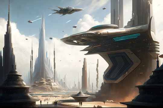 Sci-Fi cityscape, concept art piece that shows a futuristic city, with soaring skyscrapers, flying vehicles, and other advanced technology. Generative AI illustration