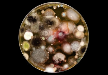Microbiology. Petri dish with a culture of different fungi isolated from the soil. Infectious diseases.