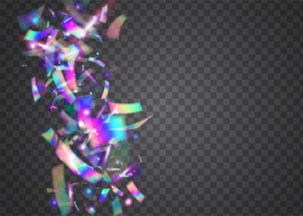 Hologram Background. Falling Tinsel. Shiny Banner. Retro Festival Illustration. Purple Disco Sparkles. Rainbow Glare. Unicorn Foil. Luxury Art. Violet Hologram Background