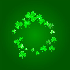 Shamrock background for Saint Patricks Day. Lucky trefoil confetti. Glitter frame of clover leaves.. Template for flyer, special business offer, promo. Festal shamrock background.