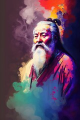 Lao-Tse watercolor painting. Taoist philosopher also known as Laozi. Generative AI vertical illustration