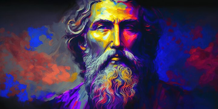 Colorful modern oil painting of Zarathustra also known as Zoroaster, founder of Zoroastrianism. Copy space for advertisement or text. Generative AI illustration