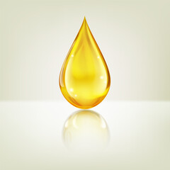One big realistic water drop in yellow color with glares and reflection