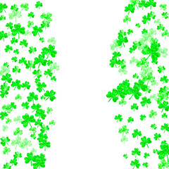St patricks day background with shamrock. Lucky trefoil confetti. Glitter frame of clover leaves. Template for party invite, retail offer and ad. Merry st patricks day backdrop.