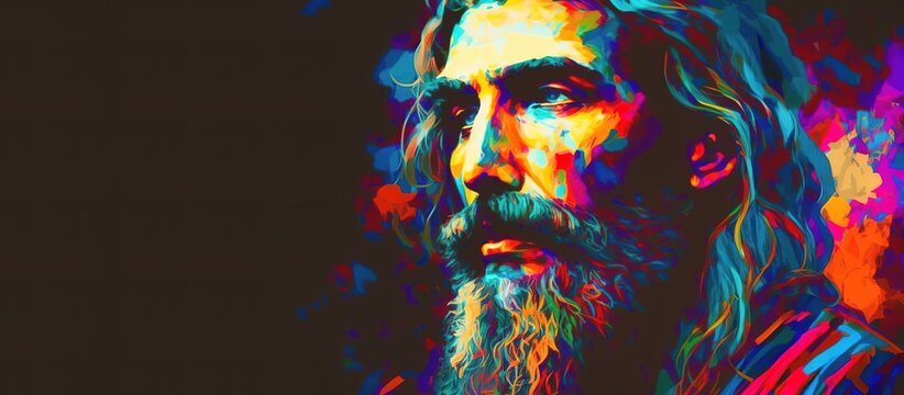 Colorful painting banner of Zarathustra over black background with copy space. Generative AI illustration