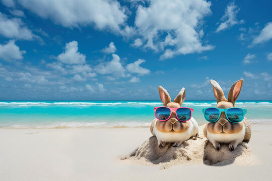 Easter bunnies wearing trendy sunglasses sunbathing on sand beach. Travel holidays vacation. Generative AI