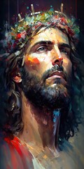 Abstract art portrait painting of Jesus Christ. Generative AI Vertical illustration